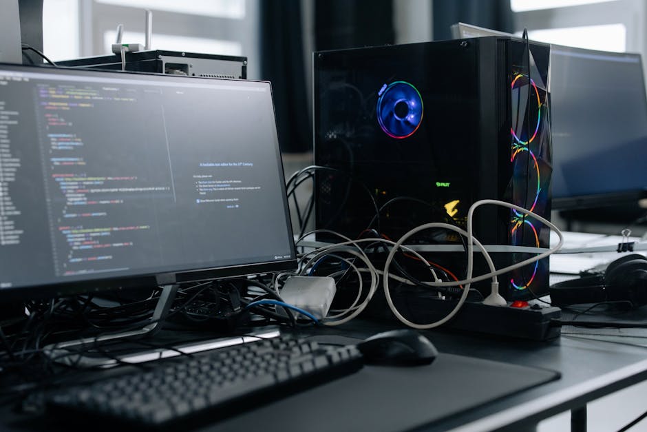 The image shows a close-up of a workspace with a computer setup, featuring a monitor displaying lines of code, a keyboard, and a mouse on a desk. Cables are tangled around a high-performance desktop t